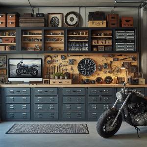 Garage Office Design Ideas with large metal file cabinets to store motorcycle parts-8